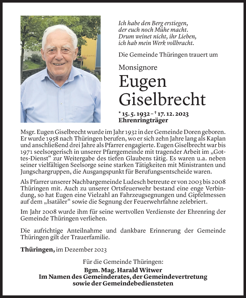  Todesanzeige für Eugen Giselbrecht vom 19.12.2023 aus Vorarlberger Nachrichten