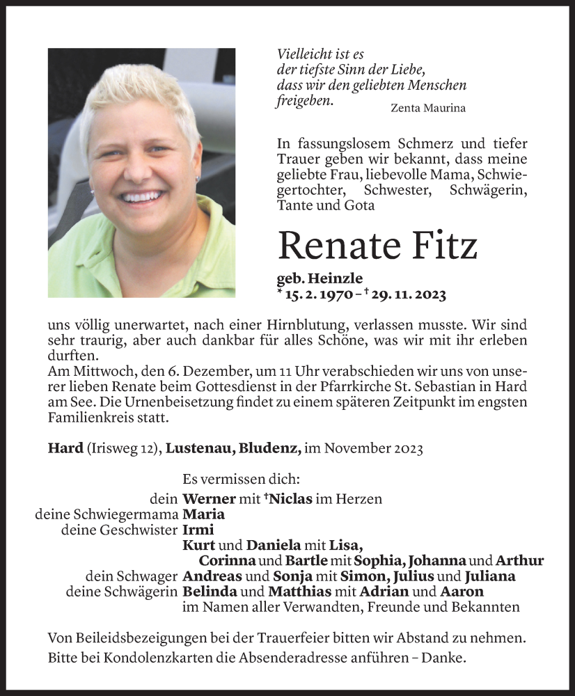  Todesanzeige für Renate Fitz vom 04.12.2023 aus Vorarlberger Nachrichten