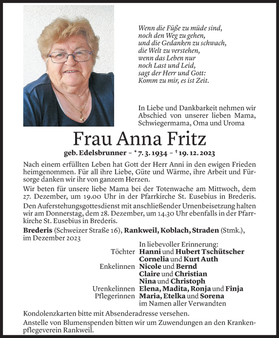 Todesanzeige von Anna Fritz von Vorarlberger Nachrichten