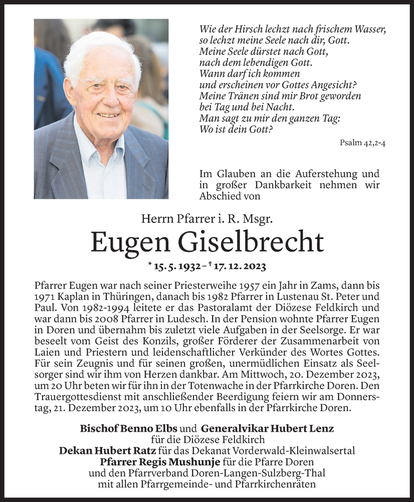  Todesanzeige für Eugen Giselbrecht vom 19.12.2023 aus Vorarlberger Nachrichten