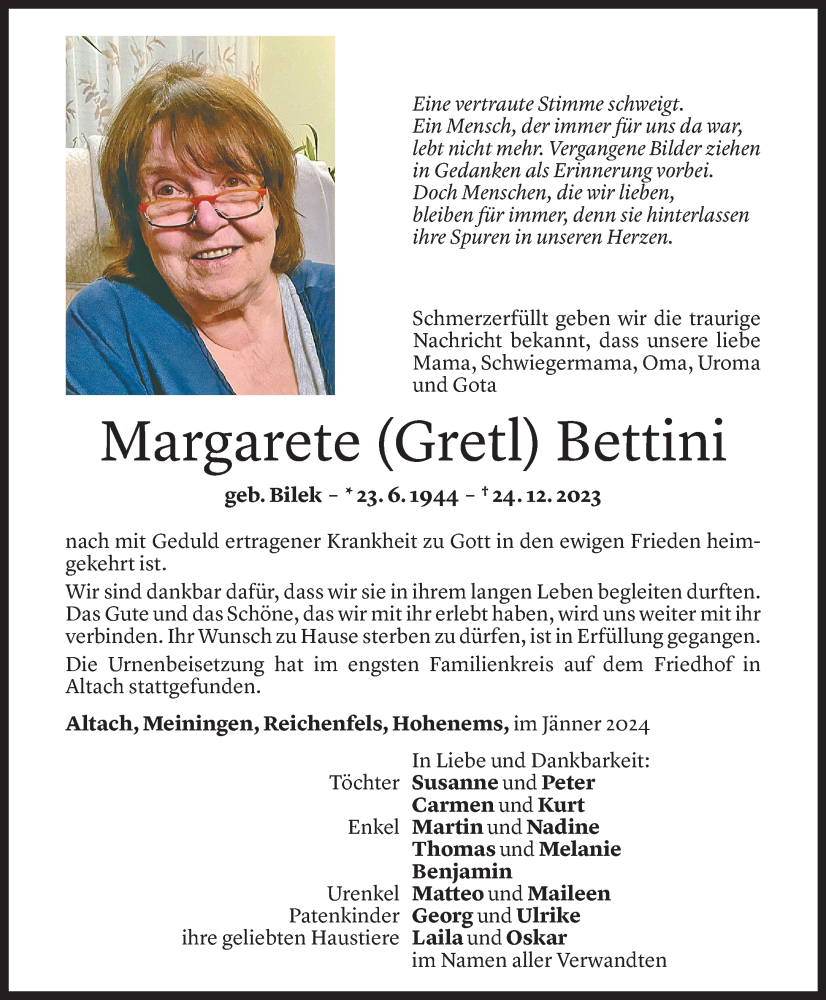  Todesanzeige für Margarete Bettini vom 08.01.1900 aus Vorarlberger Nachrichten