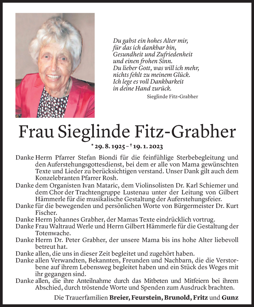  Todesanzeige für Sieglinde Fitz-Grabher vom 03.02.2023 aus Vorarlberger Nachrichten