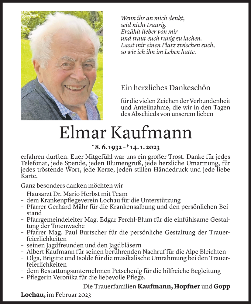  Todesanzeige für Elmar Kaufmann vom 08.02.2023 aus Vorarlberger Nachrichten