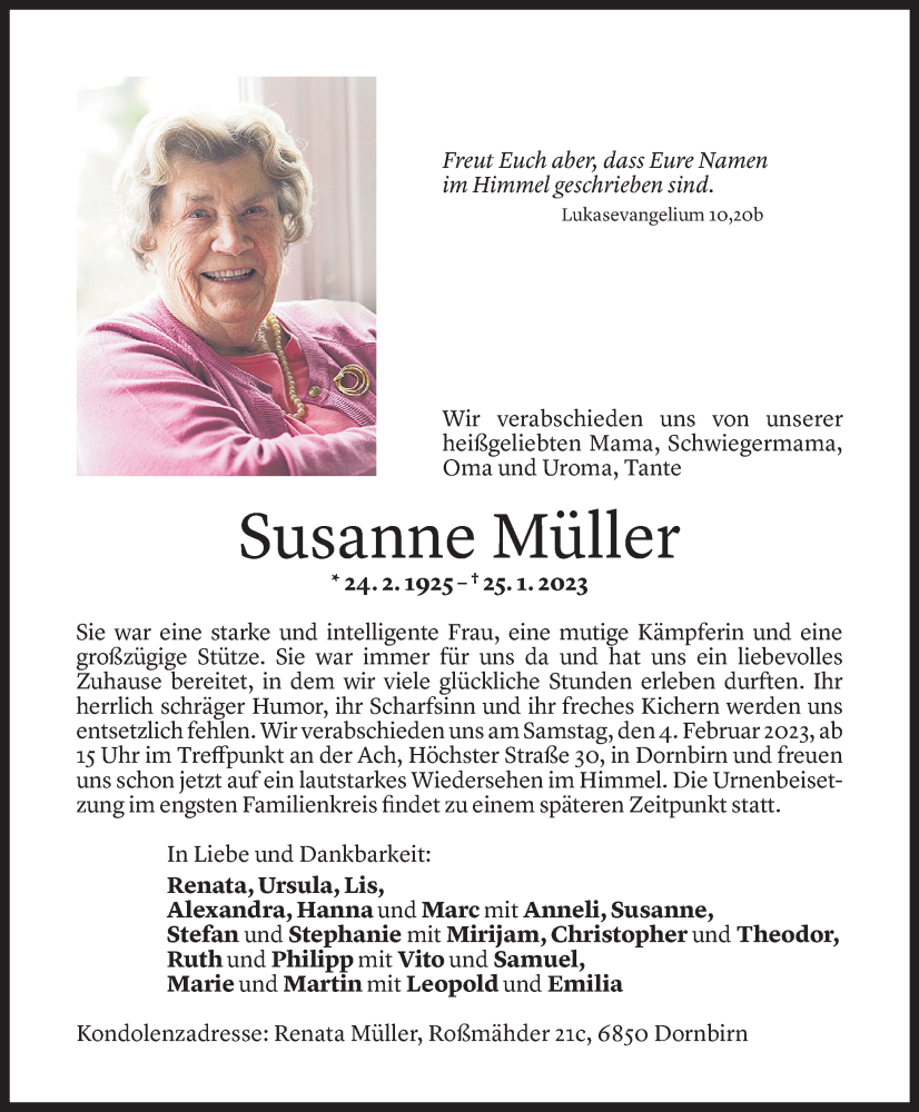  Todesanzeige für Susanne Müller vom 02.02.2023 aus Vorarlberger Nachrichten
