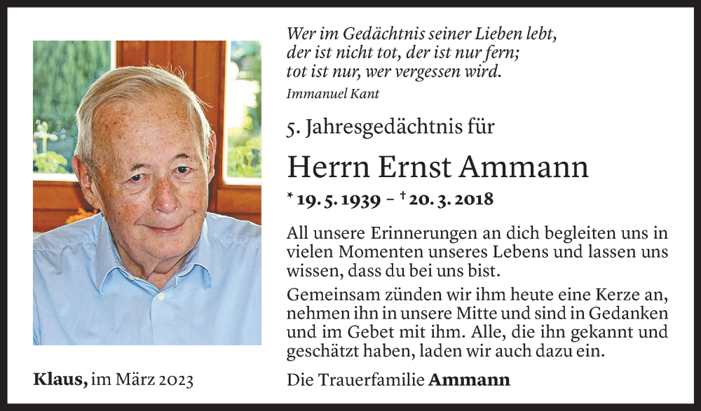  Todesanzeige für Ernst Ammann vom 18.03.2023 aus Vorarlberger Nachrichten