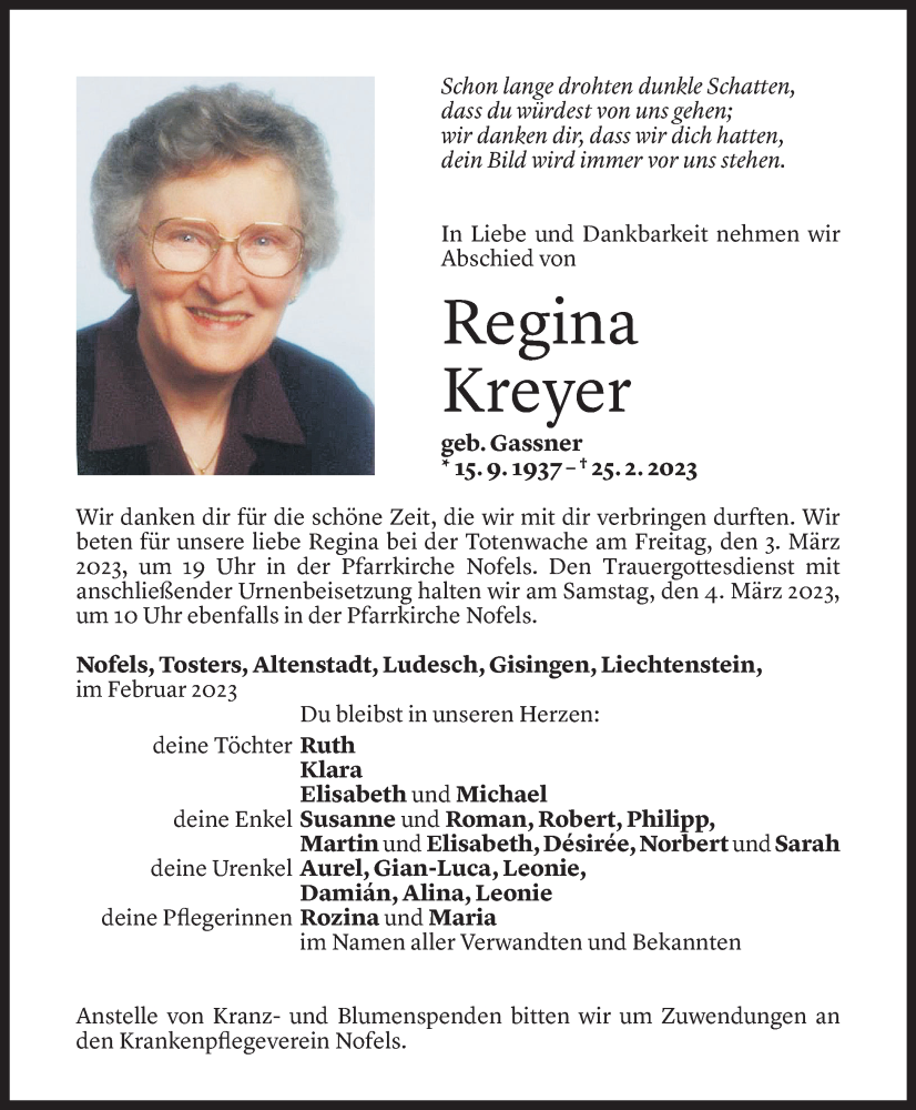  Todesanzeige für Regina Kreyer vom 28.02.2023 aus Vorarlberger Nachrichten