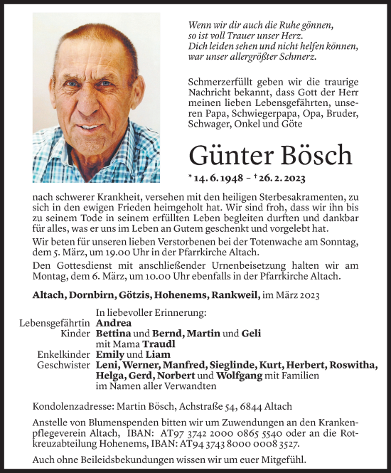 Todesanzeige von Günter Bösch von Vorarlberger Nachrichten