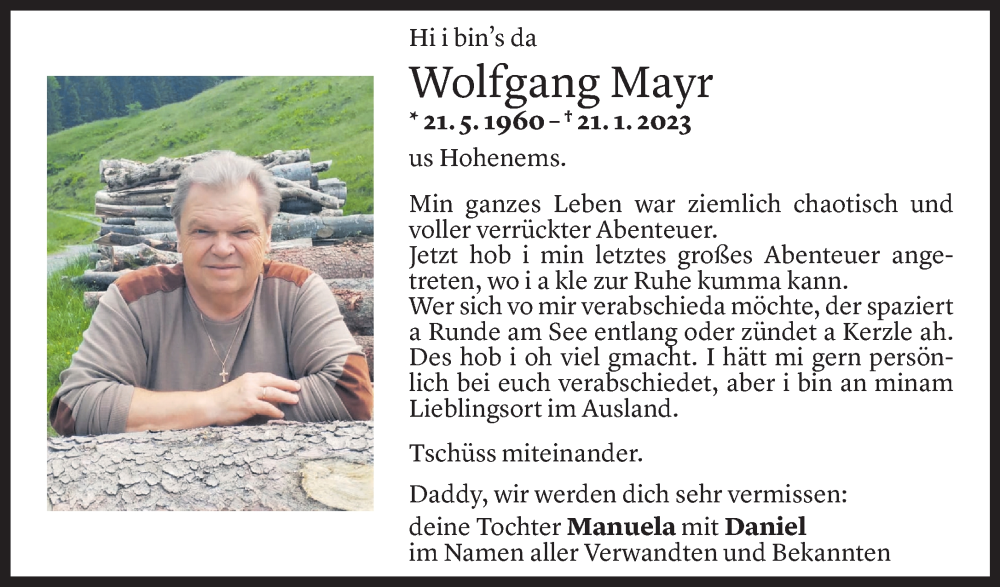 Todesanzeige für Wolfgang Mayr vom 06.02.2023 aus Vorarlberger Nachrichten
