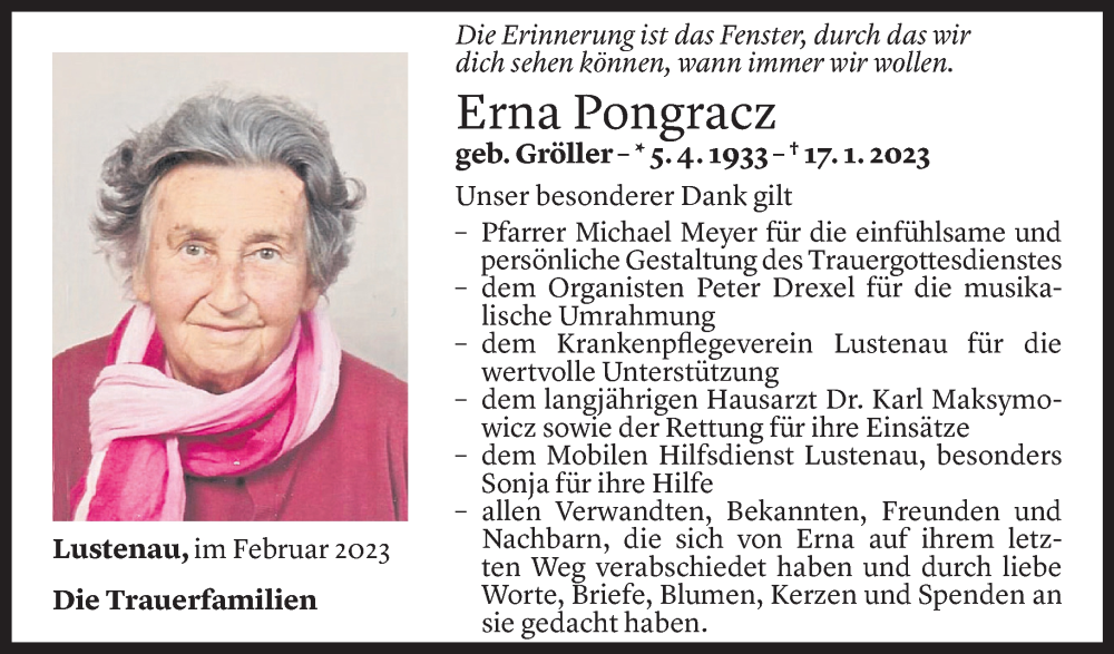  Todesanzeige für Erna Pongracz vom 23.02.2023 aus Vorarlberger Nachrichten