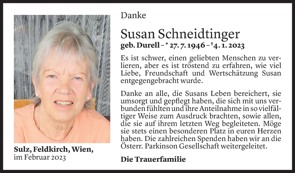  Todesanzeige für Susan Schneidtinger vom 07.02.2023 aus Vorarlberger Nachrichten