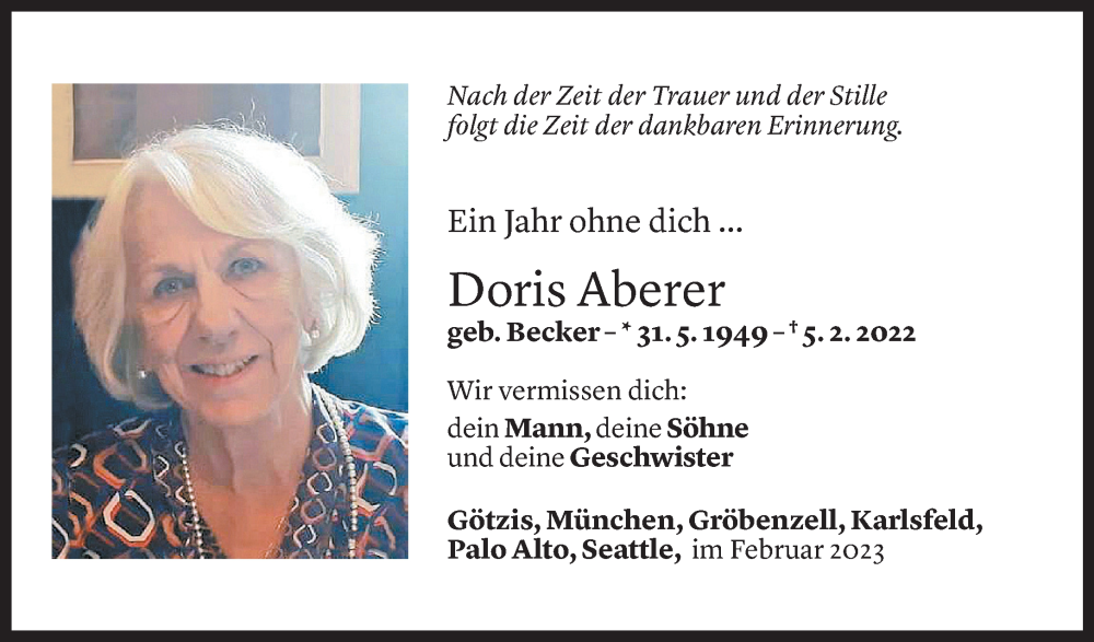  Todesanzeige für Doris Aberer vom 04.02.2023 aus Vorarlberger Nachrichten