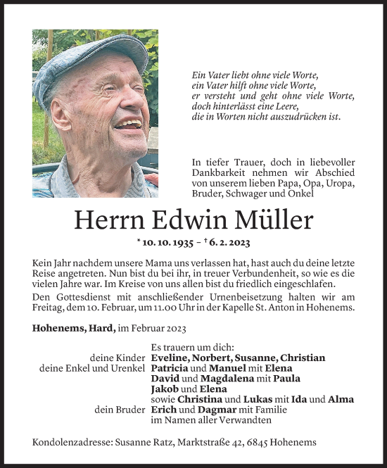 Todesanzeige von Edwin Müller von Vorarlberger Nachrichten