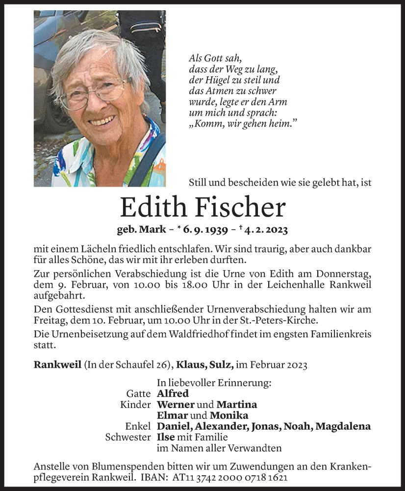  Todesanzeige für Edith Fischer vom 08.02.2023 aus Vorarlberger Nachrichten
