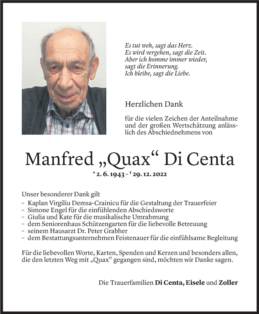  Todesanzeige für Manfred Di Centa vom 02.02.2023 aus Vorarlberger Nachrichten