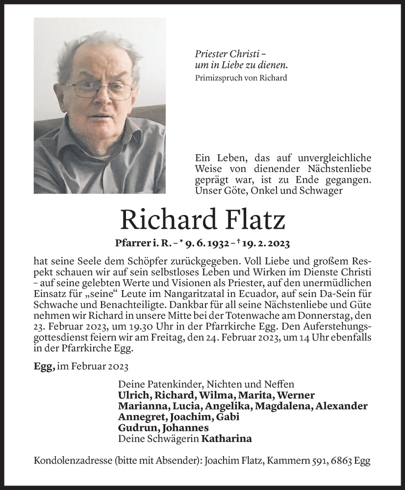  Todesanzeige für Richard Flatz vom 22.02.2023 aus Vorarlberger Nachrichten