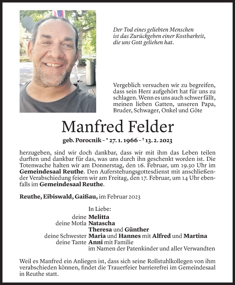  Todesanzeige für Manfred Felder vom 15.02.2023 aus Vorarlberger Nachrichten