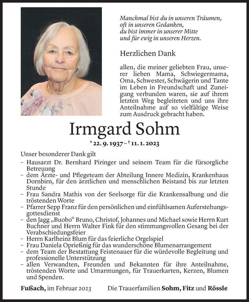  Todesanzeige für Irmgard Sohm vom 17.02.2023 aus Vorarlberger Nachrichten