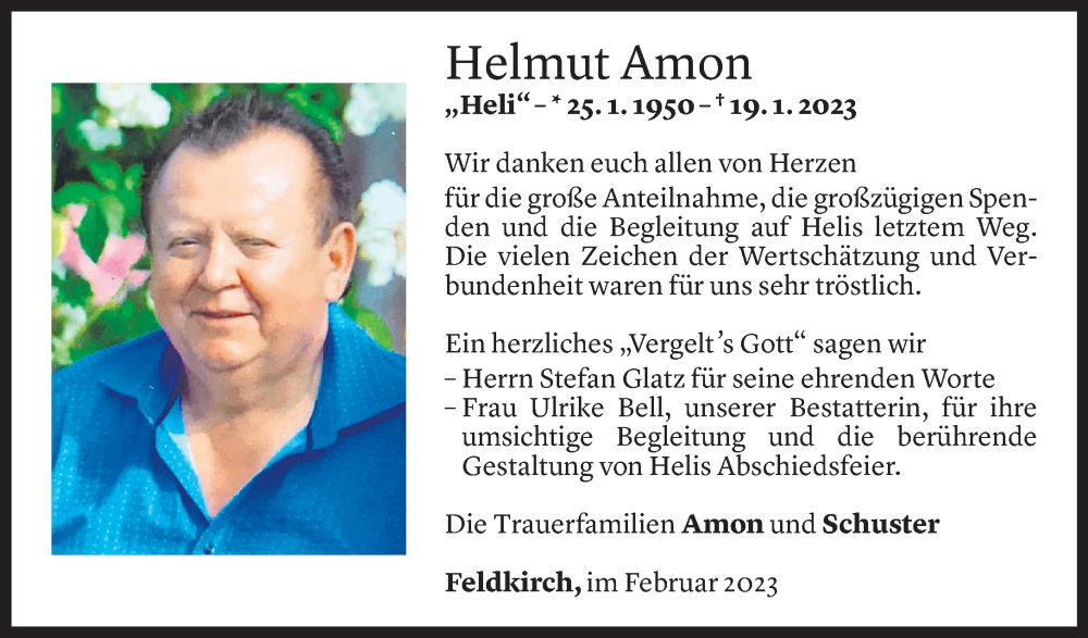  Todesanzeige für Helmut Amon vom 11.02.2023 aus Vorarlberger Nachrichten
