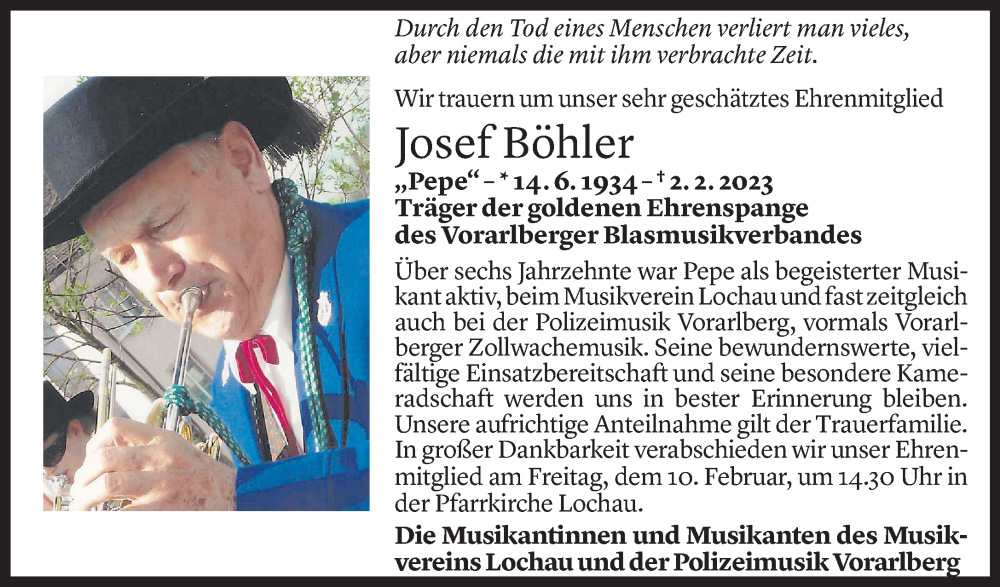  Todesanzeige für Josef Böhler vom 07.02.2023 aus Vorarlberger Nachrichten