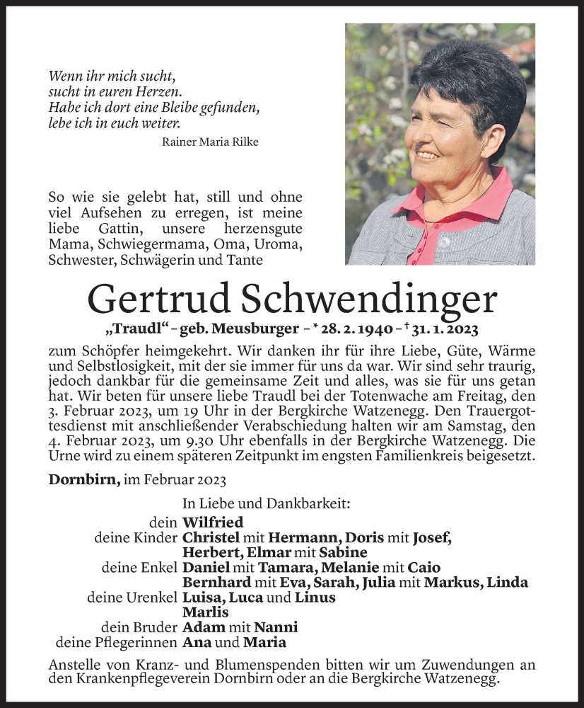  Todesanzeige für Gertrud Schwendinger vom 02.02.2023 aus Vorarlberger Nachrichten