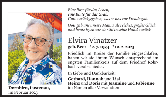 Todesanzeige von Elvira Vinatzer von Vorarlberger Nachrichten