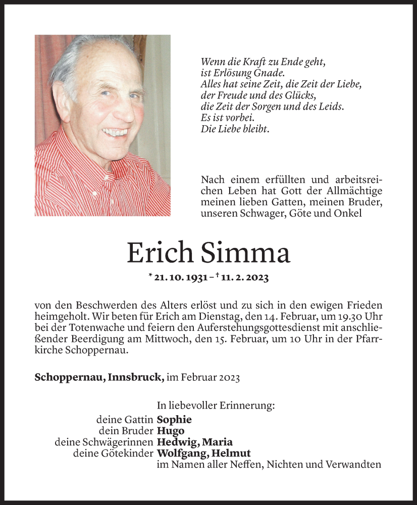  Todesanzeige für Erich Simma vom 12.02.2023 aus Vorarlberger Nachrichten
