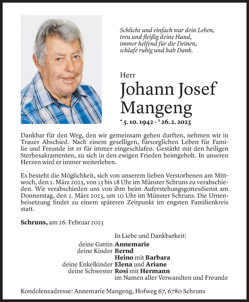  Todesanzeige für Johann Mangeng vom 28.02.2023 aus Vorarlberger Nachrichten