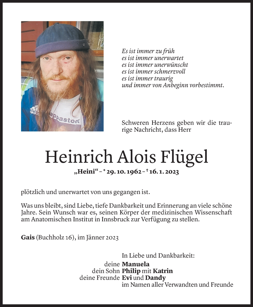  Todesanzeige für Heinrich Flügel vom 04.02.2023 aus Vorarlberger Nachrichten