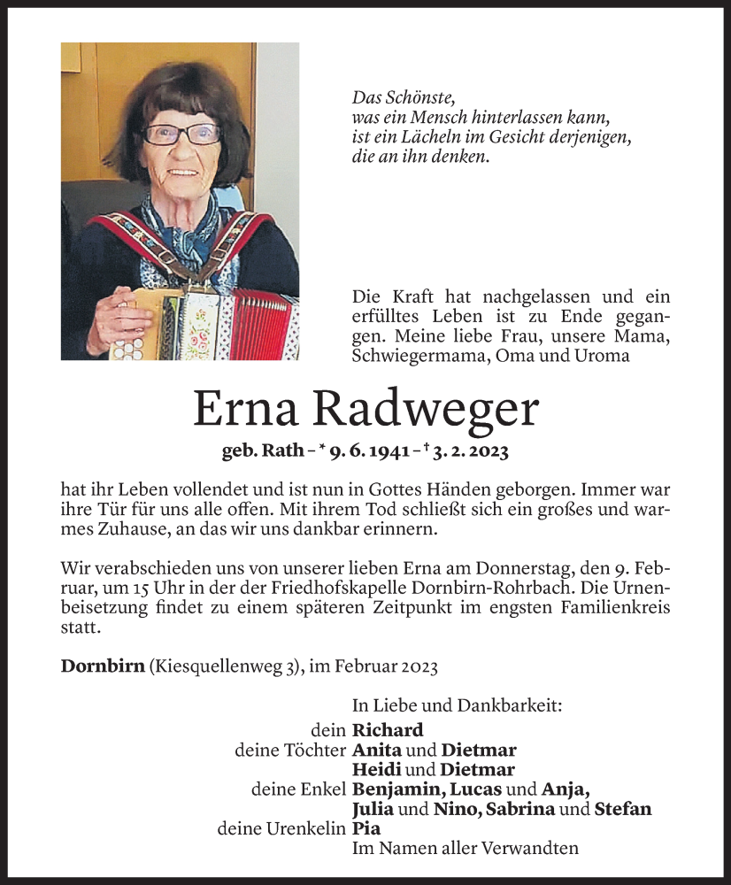  Todesanzeige für Erna Radweger vom 07.02.2023 aus Vorarlberger Nachrichten