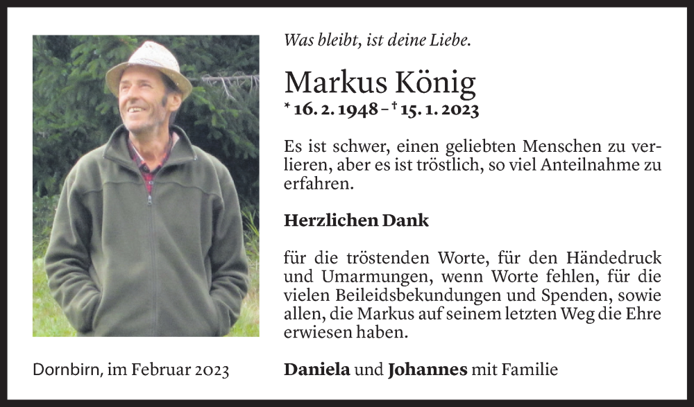  Todesanzeige für Markus König vom 03.02.2023 aus Vorarlberger Nachrichten