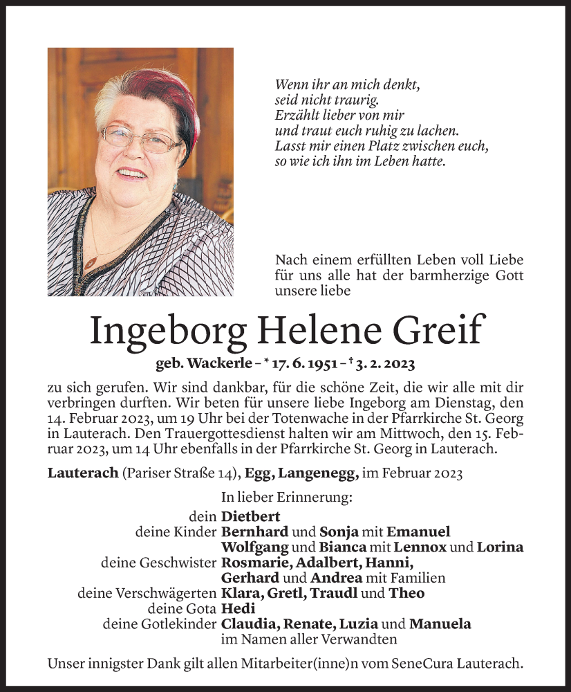  Todesanzeige für Ingeborg Greif vom 10.02.2023 aus Vorarlberger Nachrichten