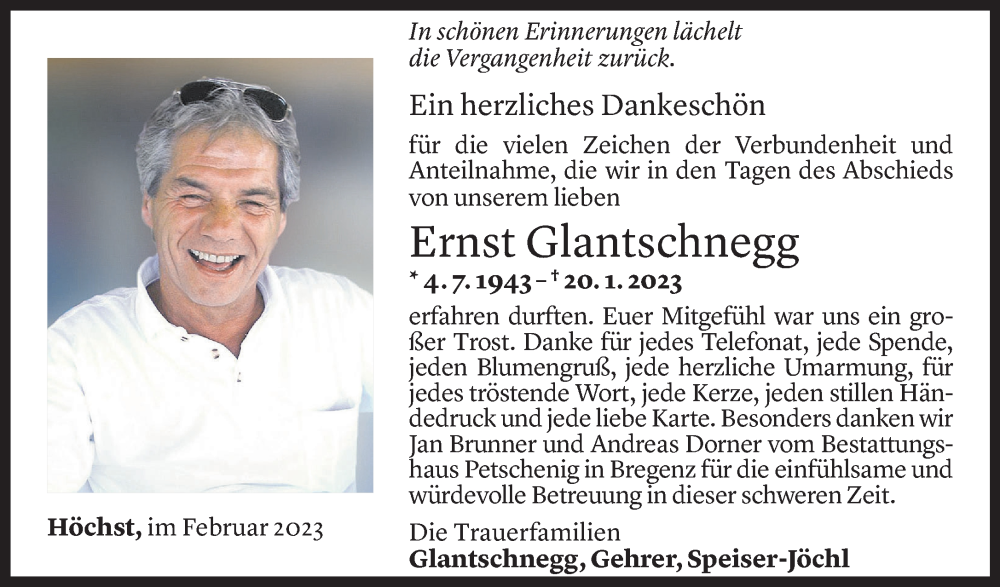  Todesanzeige für Ernst Glantschnegg vom 17.02.2023 aus Vorarlberger Nachrichten