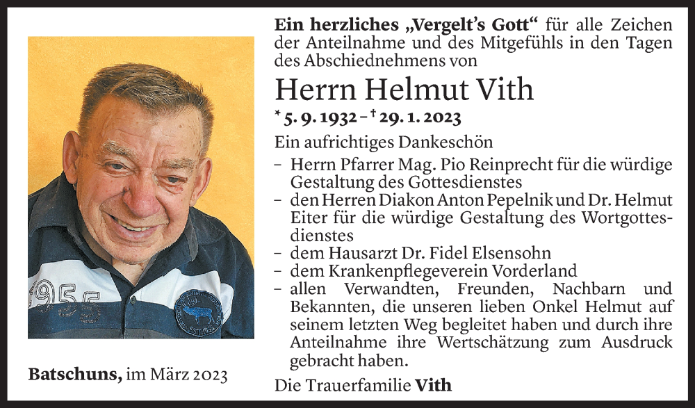  Todesanzeige für Helmut Vith vom 28.02.2023 aus Vorarlberger Nachrichten