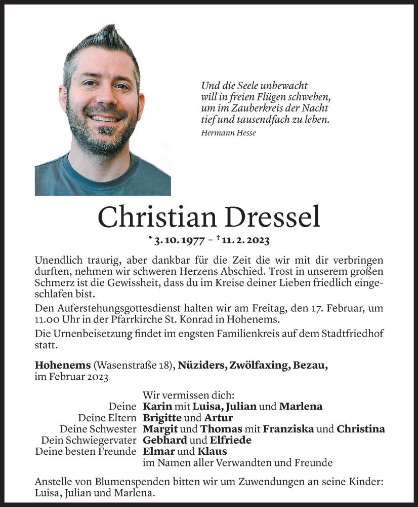  Todesanzeige für Christian Dressel vom 15.02.2023 aus Vorarlberger Nachrichten