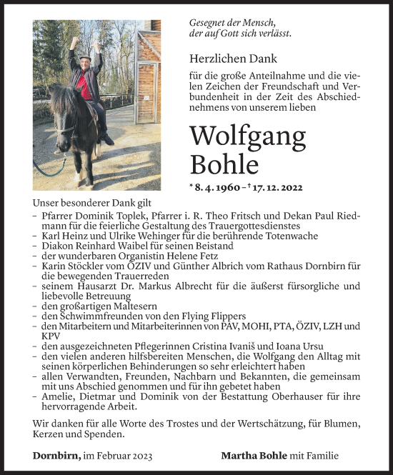 Todesanzeige von Wolfgang Bohle von Vorarlberger Nachrichten