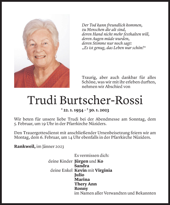 Todesanzeige von Trudi Burtscher-Rossi von Vorarlberger Nachrichten