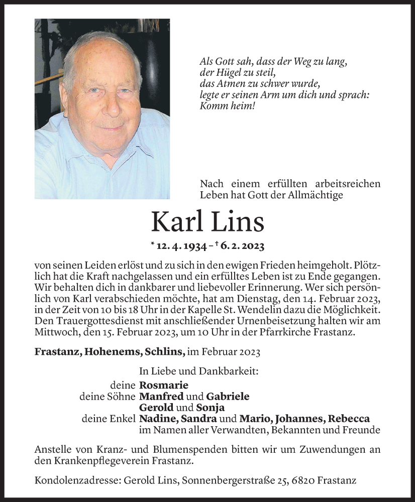  Todesanzeige für Karl Lins vom 10.02.2023 aus Vorarlberger Nachrichten