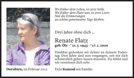 Todesanzeige von Renate Flatz von Vorarlberger Nachrichten