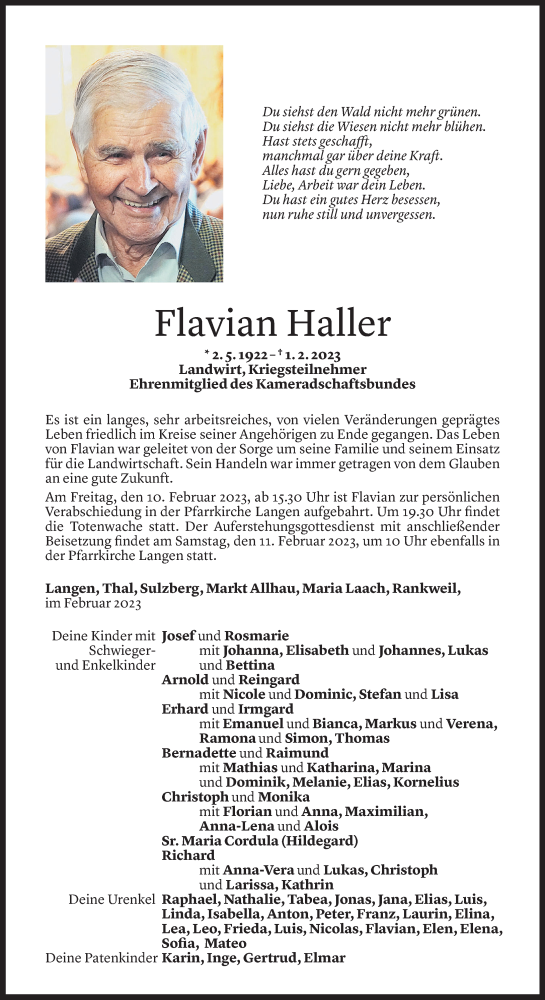 Todesanzeige von Flavian Haller von Vorarlberger Nachrichten