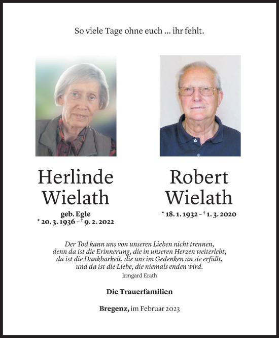 Todesanzeige von Herlinde Wielath von Vorarlberger Nachrichten
