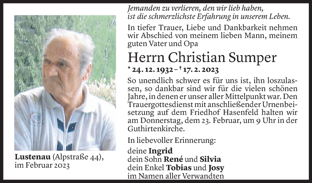  Todesanzeige für Christian Sumper vom 21.02.2023 aus Vorarlberger Nachrichten