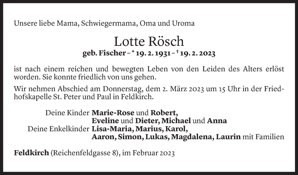  Todesanzeige für Lotte Rösch vom 26.02.2023 aus Vorarlberger Nachrichten