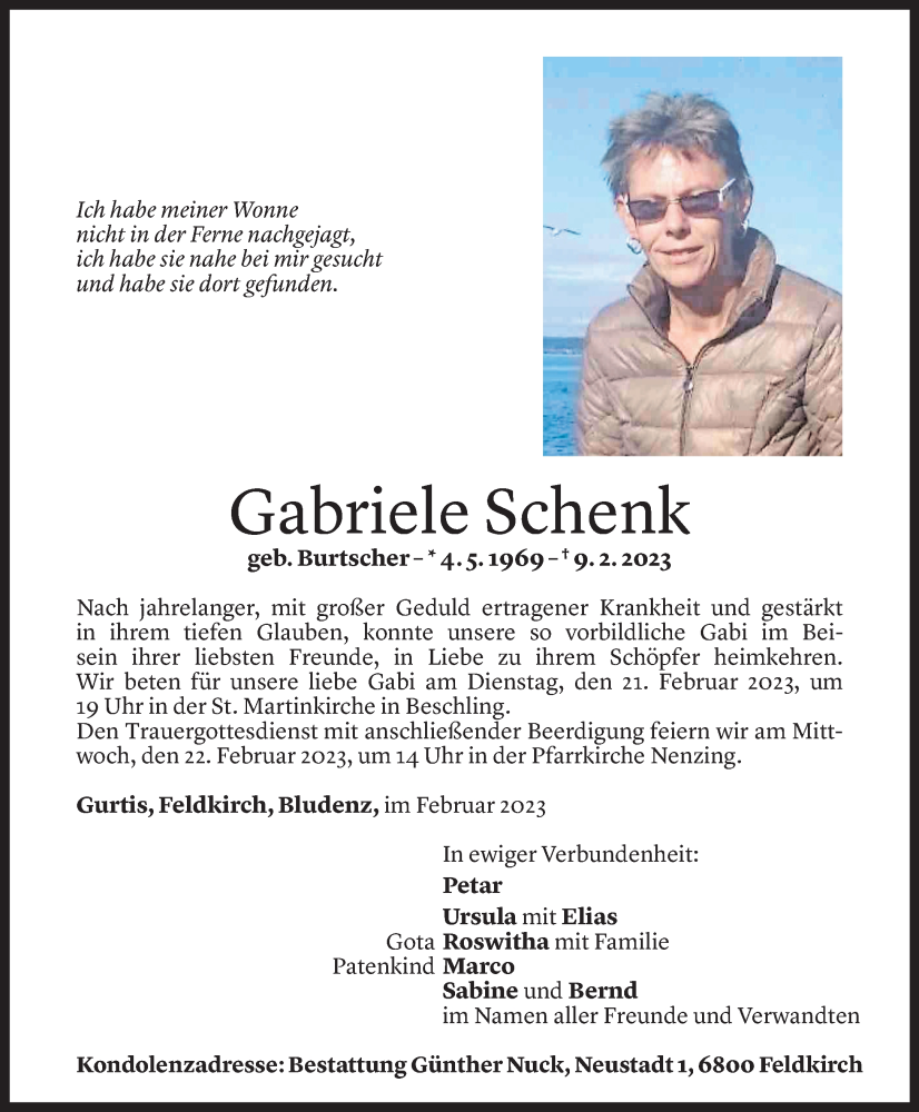  Todesanzeige für Gabriele Schenk vom 19.02.2023 aus Vorarlberger Nachrichten