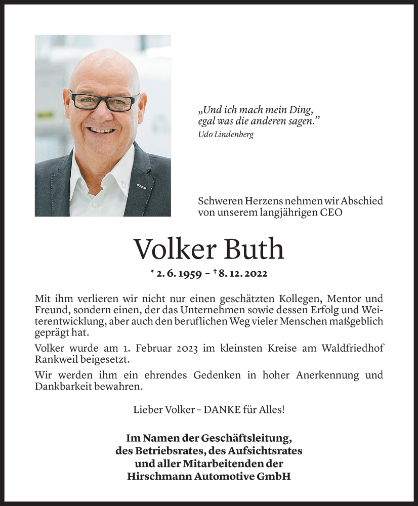  Todesanzeige für Volker Buth vom 14.02.2023 aus Vorarlberger Nachrichten