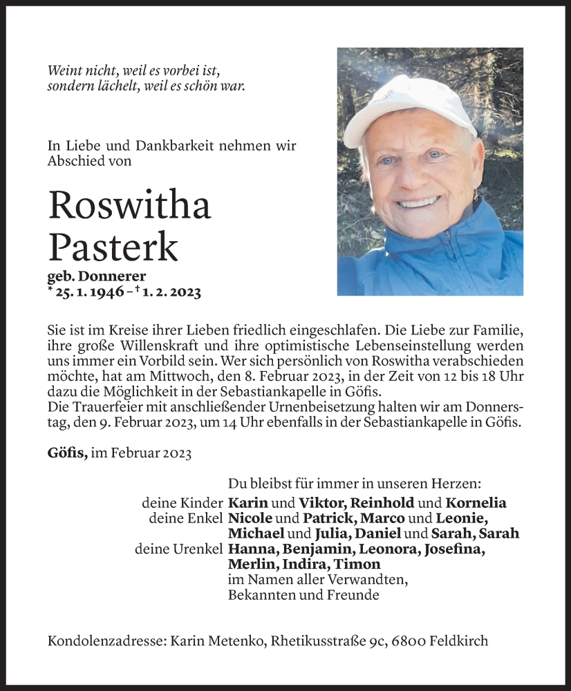  Todesanzeige für Roswitha Pasterk vom 03.02.2023 aus Vorarlberger Nachrichten