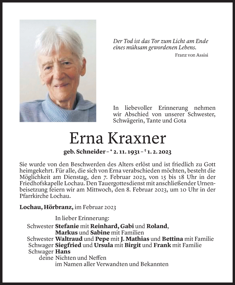 Todesanzeige für Erna Kraxner vom 03.02.2023 aus Vorarlberger Nachrichten