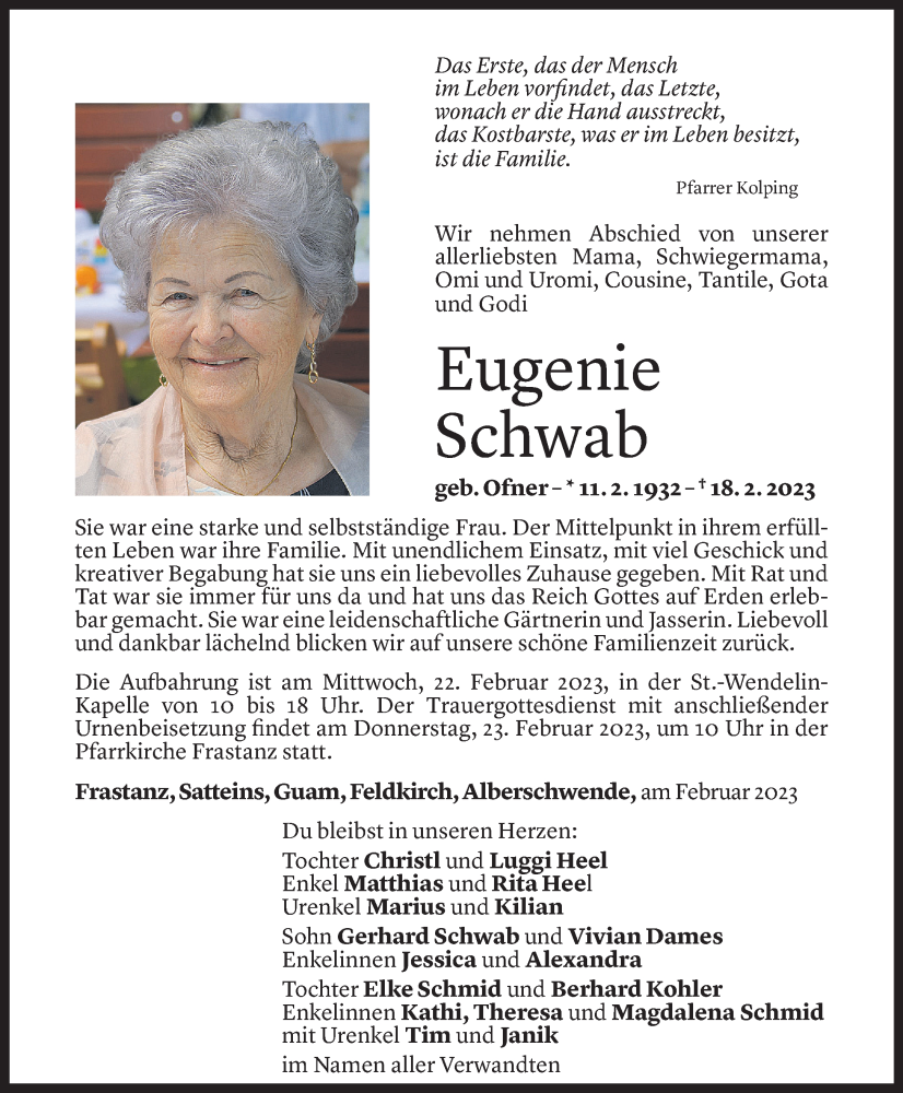  Todesanzeige für Eugenie Schwab vom 21.02.2023 aus Vorarlberger Nachrichten