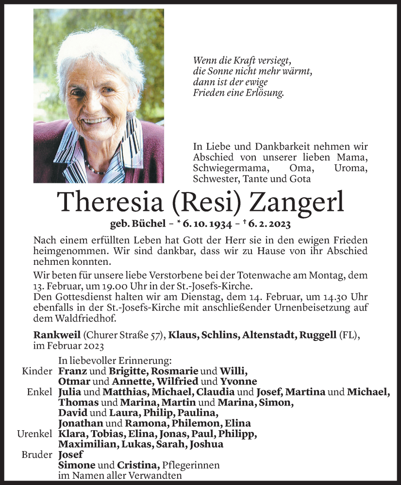  Todesanzeige für Theresia Zangerl vom 11.02.2023 aus Vorarlberger Nachrichten