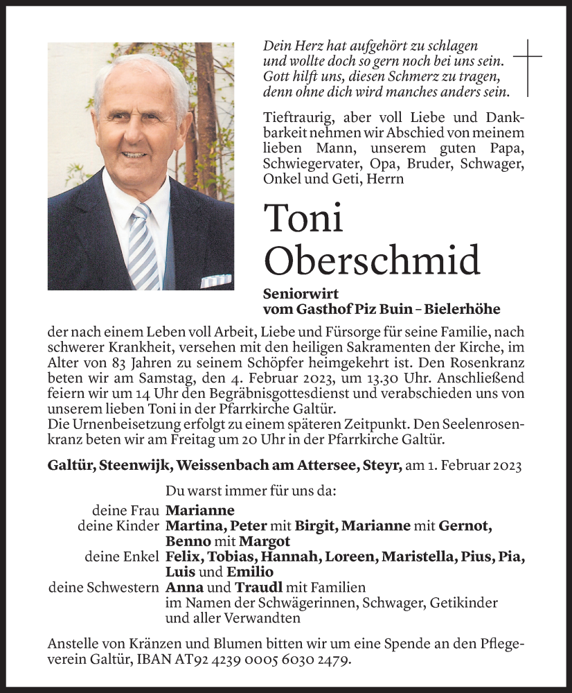  Todesanzeige für Toni Oberschmied vom 02.02.2023 aus Vorarlberger Nachrichten