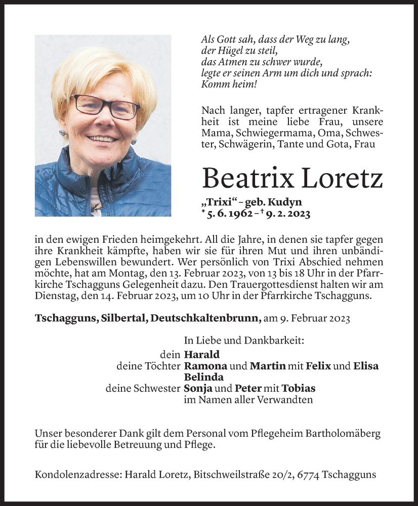  Todesanzeige für Beatrix Loretz vom 10.02.2023 aus Vorarlberger Nachrichten